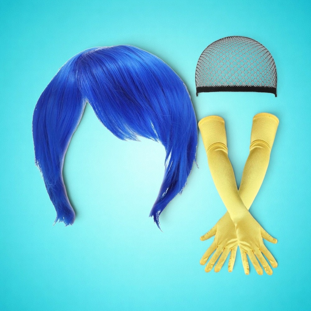 Joy Inside Out Cosplay Set Blue Pixie Wig Yellow Gloves Costume Accessories 3pc